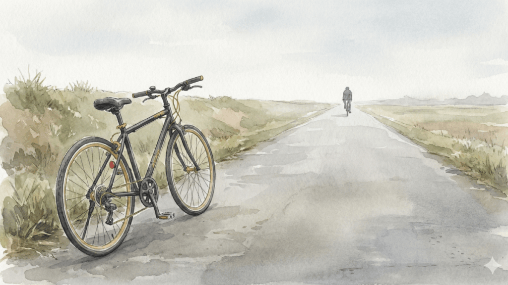 一本道に停められた自転車と、遠くを走る人物の後ろ姿