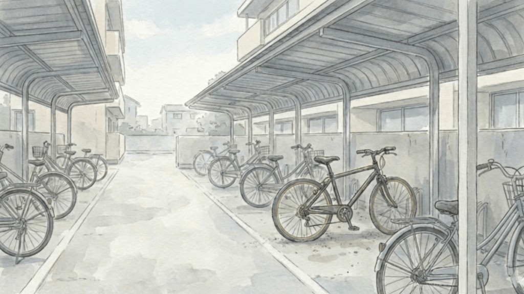 マンションの屋外駐輪場に置かれた自転車の風景