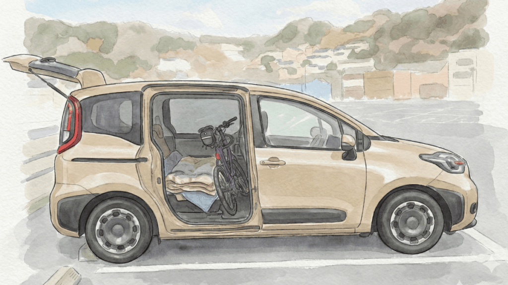 車のスライドドアを開け、荷室にミニベロを積んだ状態
