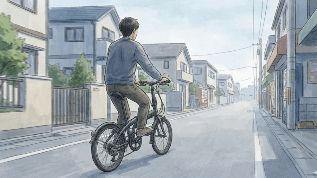 住宅街の道をミニベロで走る人物の後ろ姿