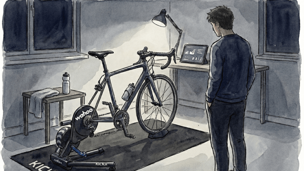 室内でロードバイクをスマートトレーナーに設置し、画面を見つめる人物