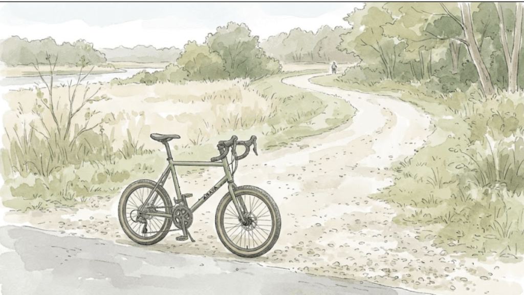 未舗装路に停められたミニベロARAYA CX-Mと自然の風景