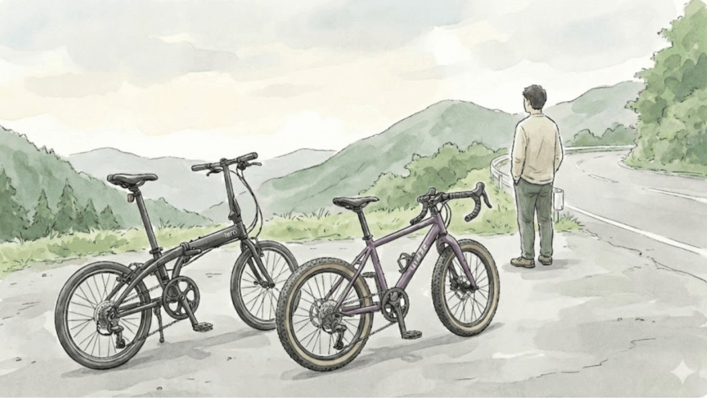 山道の脇に停められた2台のミニベロと、景色を眺める人物