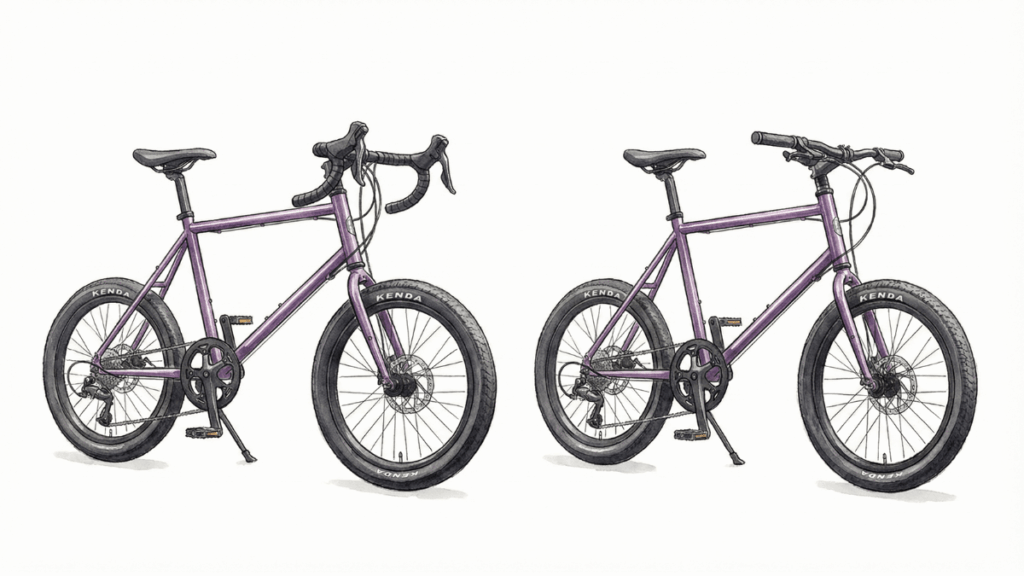 Seeker Dをドロップハンドル仕様（左）とフラットハンドル仕様（右）で並べた比較イラスト。同じフレームとカラーで、ハンドル形状の違いを表している。