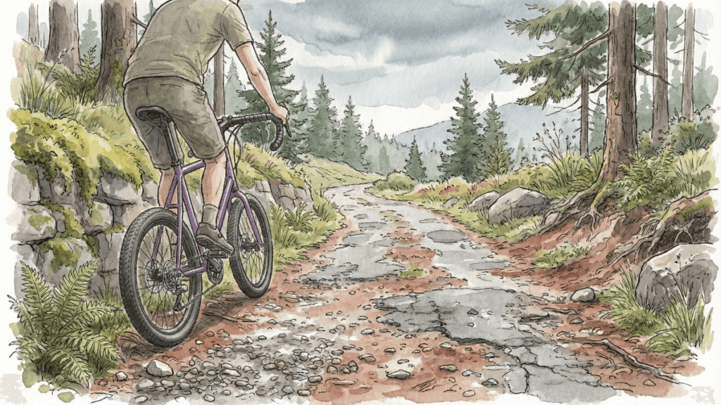 ダートっぽい山道をSeeker Dのドロップハンドルで走る後ろ姿のイラスト。舗装が荒れた道で、低速で慎重に走っている様子。