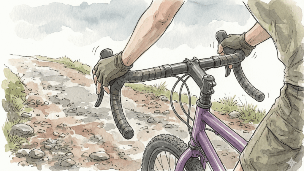 Seeker Dのドロップハンドルを握る手元のアップ。ダート路面でブレーキレバーに指をかけにくそうにしている様子を描いたイラスト。